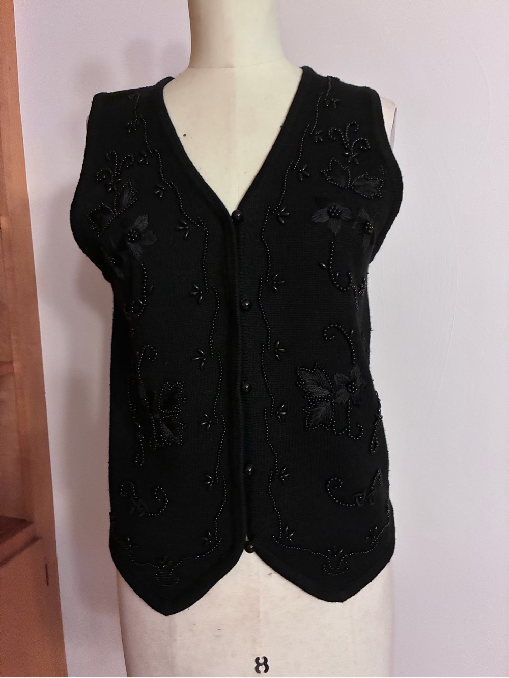 Vintage Black Beaded and Embroidered Sweater Vest 80s Christmas Floral